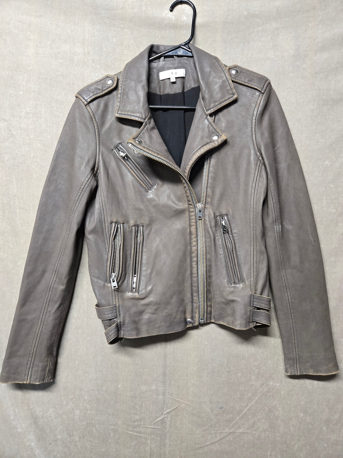 IRO Han Leather Moto Biker Jacket Distressed Gray Asymmetric Zip Women's Size 40