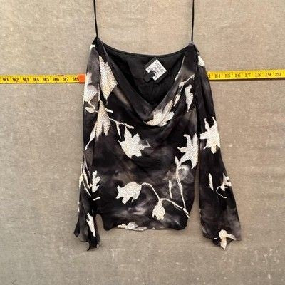 Carmen Marc Valvo Petite Shirt Womens 2P Black Beaded Floral Cowl Neck Sheer Pre