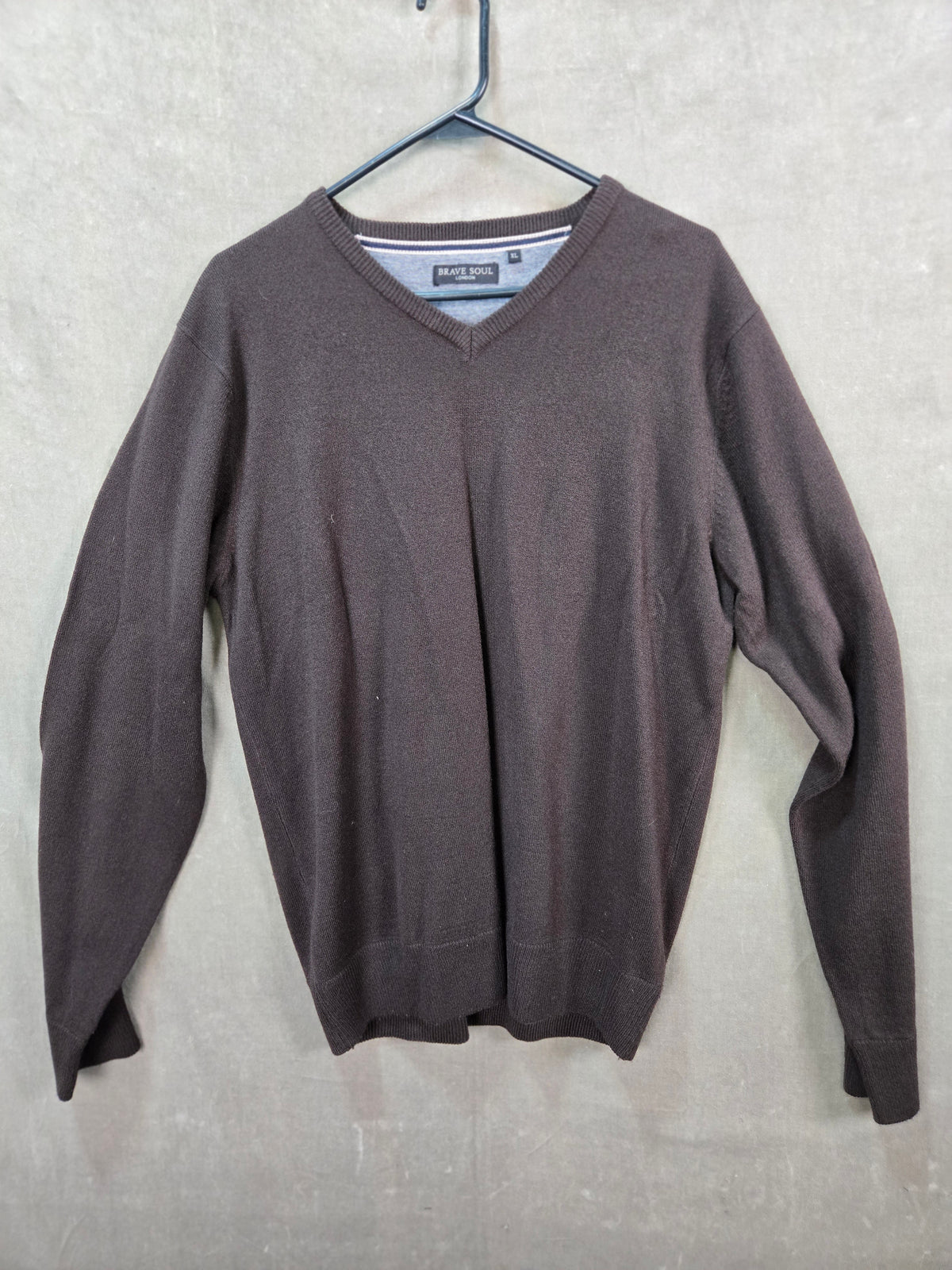 Brave Soul Mens Brown V Neck Knit Pullover Sweater Jumper Size XL