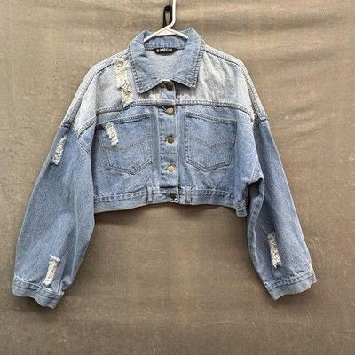 Womens Denim Jacket Large Blue Two Tone Cropped Distressed Button Front Pre-Owne