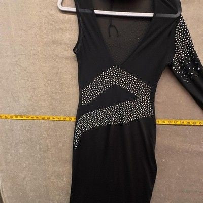 Dress Womens Large Black Rhinestone One Sleeve Asymmetrical Mock Neck Mesh Gown