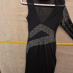 Dress Womens Large Black Rhinestone One Sleeve Asymmetrical Mock Neck Mesh Gown 1