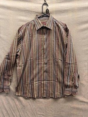 Visconti Black Shirt Mens XL Multicolor Geometric Stripe Button Front Dress 2