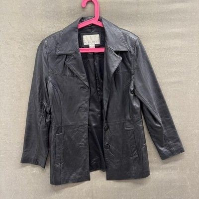 Nine West Leather Blazer Womens Medium Black Button Front Pockets Pre-Owned Exce