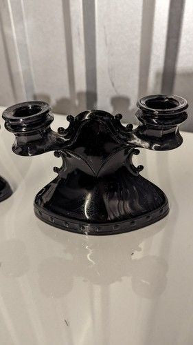LE Smith Art Deco Double Candle Holders Black Amethyst Glass Used 3