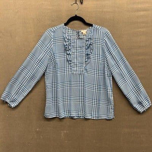 J Crew Womens Shirt Blue White Houndstooth Long Sleeve Ruffle Blouse Pre-Owned E 5