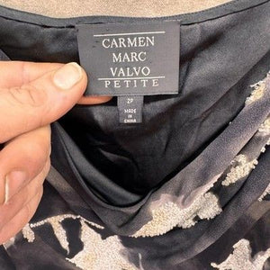 Carmen Marc Valvo Petite Shirt Womens 2P Black Beaded Floral Cowl Neck Sheer Pre 2