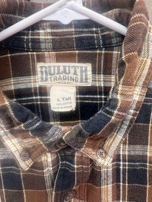 Duluth Trading Co Shirt Mens Large Tall Brown Black Plaid Flannel Long Sleeve Pr 1