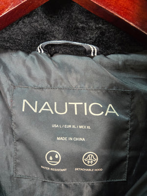 Nautica Men's Black Quilted Puffer Jacket Faux Fur Hood Water Resistant L 2