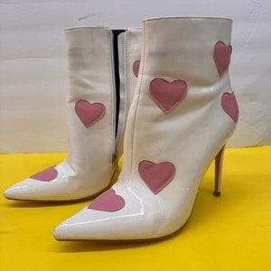 White Patent Leather Heart Print Pointed Toe Stiletto Ankle Boots Pink Hearts 3