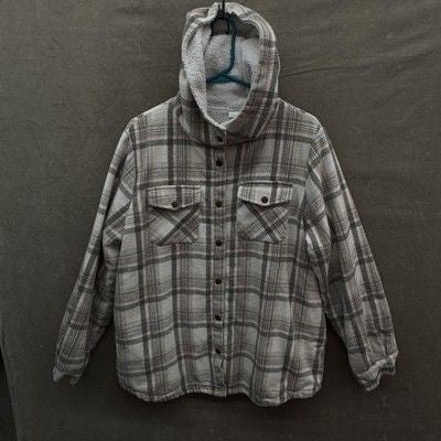 Asvivid Jacket Womens XL Gray Plaid Hooded Sherpa Lined Shacket Button Front