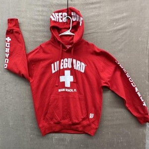 Lifeguard Hoodie Mens Large Red Pullover Miami Beach FL Fleece Sweatshirt Print 2