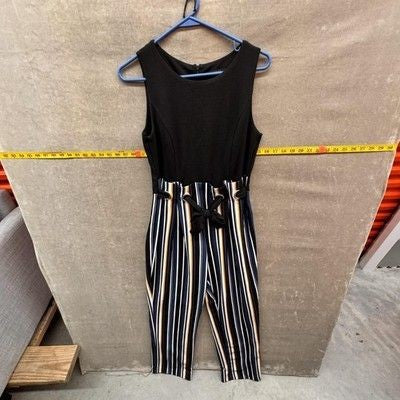 Spense Jumpsuit Womens 4 Black Striped Paperbag Tie Waist Sleeveless Back Zip