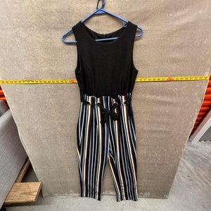 Spense Jumpsuit Womens 4 Black Striped Paperbag Tie Waist Sleeveless Back Zip 1