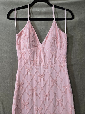 Windsor Pink Beaded Bow Maxi Dress V-Neck Tie Back Prom Formal Gown Sequin 2
