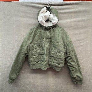 Fashion Nova Jacket Womens Medium Green Sherpa Lined Hood Cropped Zip Bomber 1