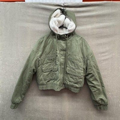 Fashion Nova Jacket Womens Medium Green Sherpa Lined Hood Cropped Zip Bomber