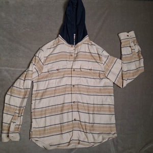 Old Navy Men's Beige Blue Striped Hooded Button Front Shirt Size L 1