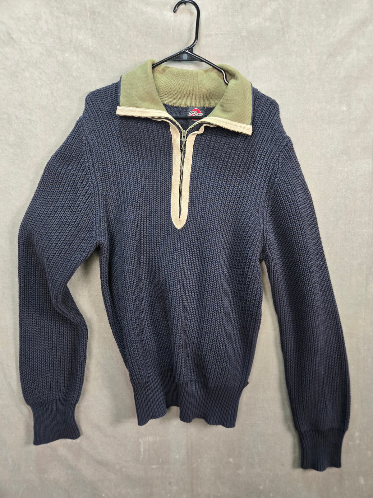 Nick Danger Mens Navy Olive Cotton Half Zip Knit Sweater Size L/G