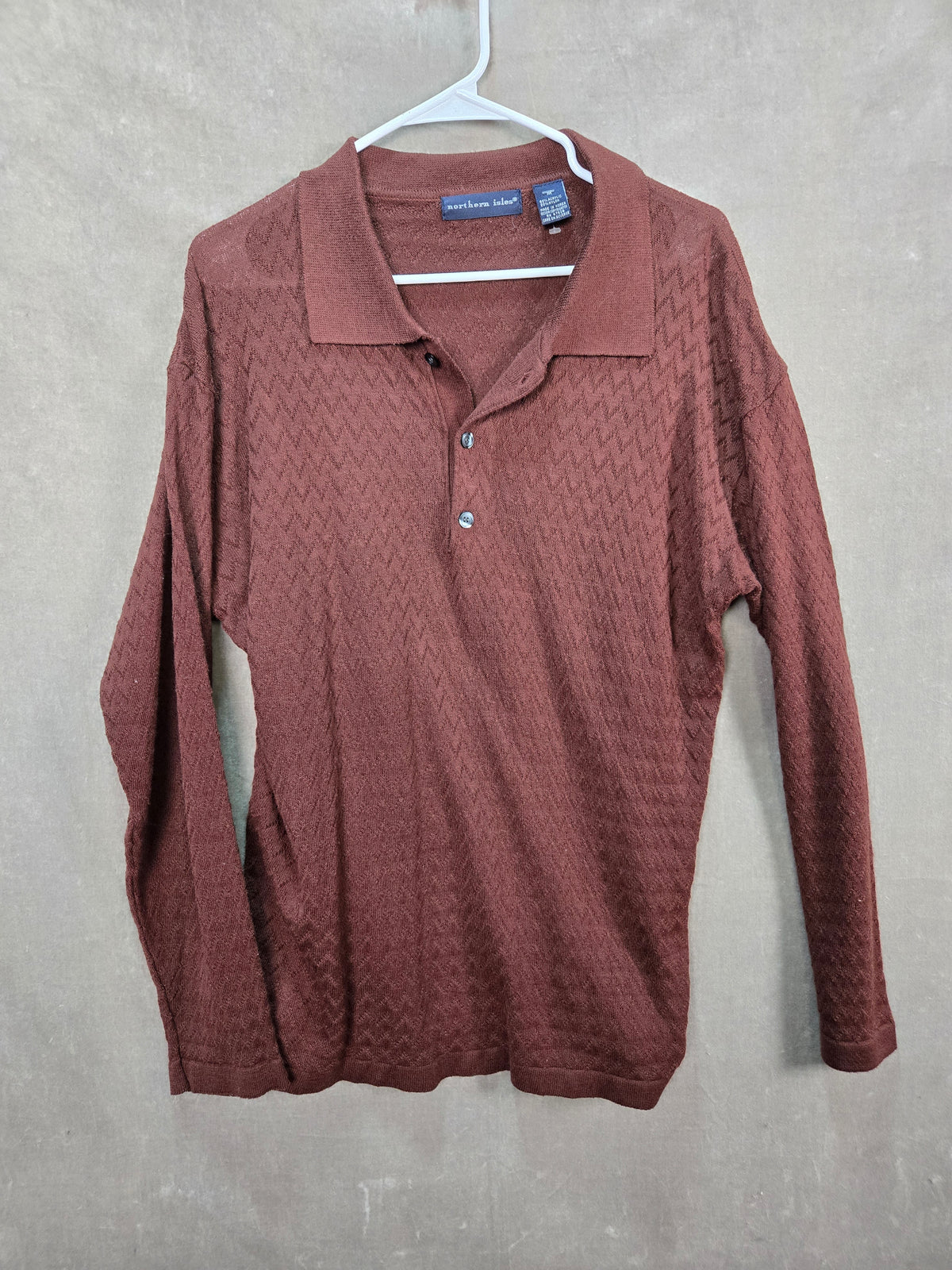 Northern Isles Men's Brown Herringbone Knit Long Sleeve Polo Shirt Size L