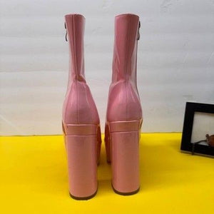 Pink Patent Leather Platform Boots Square Toe Block Heel Mid Calf Side Zip Shoes 2