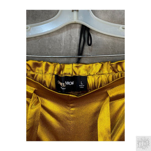 Vibrant Gold Satin Cargo Pants with Pockets and Elastic Waist 2