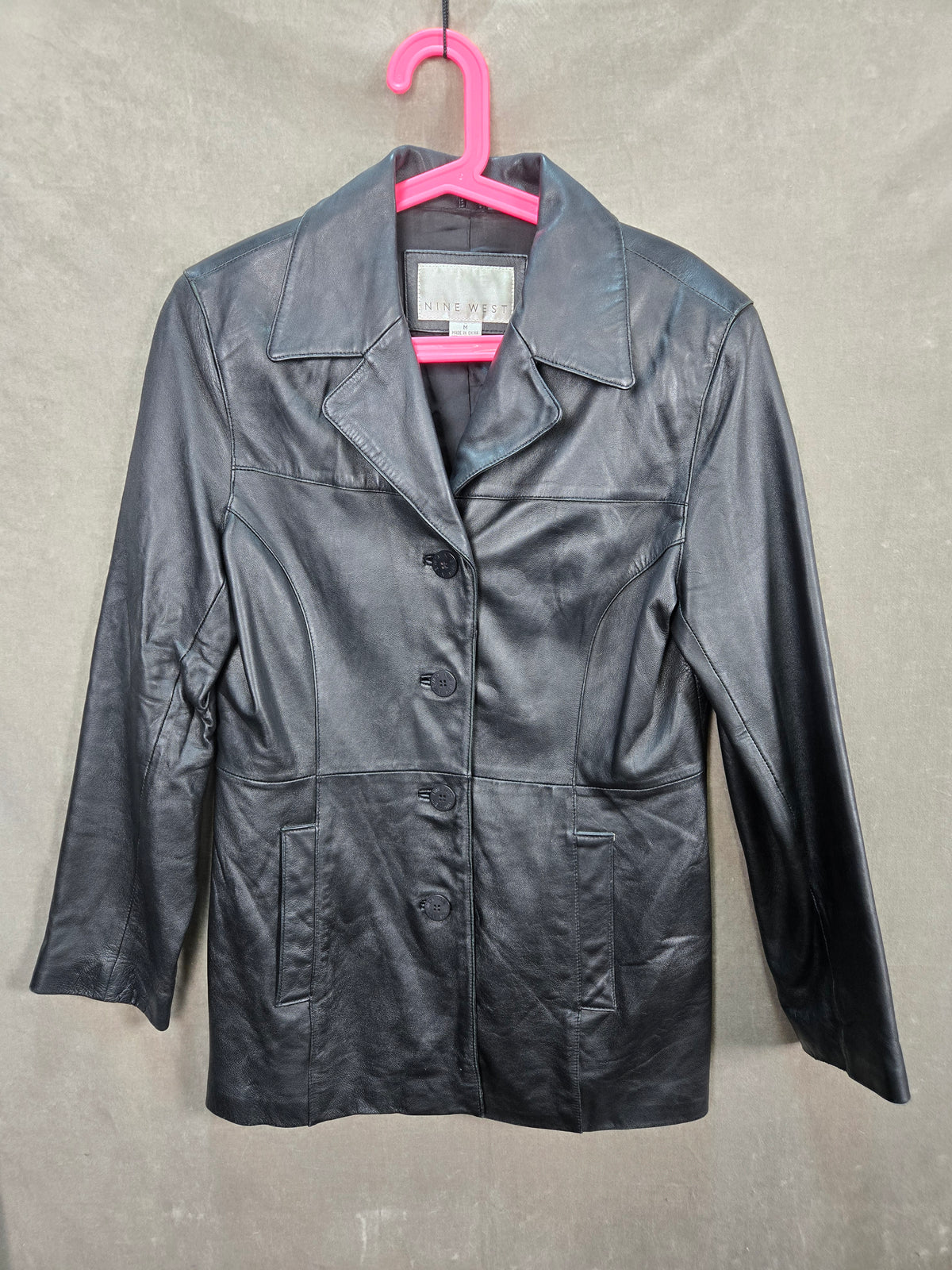 Nine West Women's Black Leather Button Front Blazer Jacket Size M