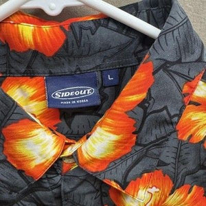 Mens Large Black Orange Floral Hawaiian Button Up Short Sleeve Shirt Pre-Owned 2