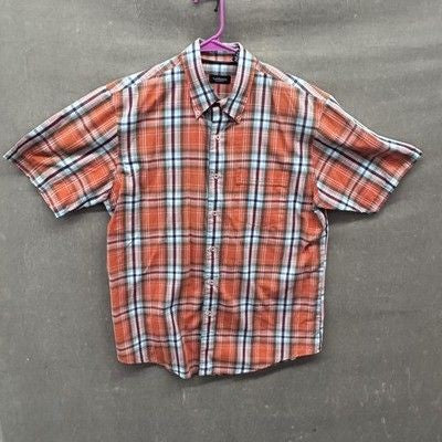Van Heusen Shirt Mens Medium Orange Blue Plaid Button Down Short Sleeve Casual