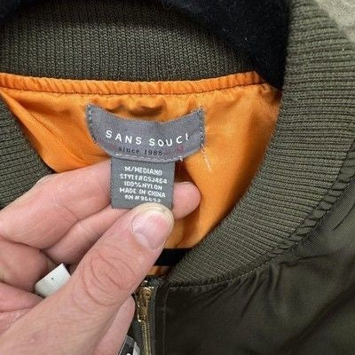 Sans Souci Jacket Womens Medium Olive Bomber MA-1 Nylon Orange Lining Pockets