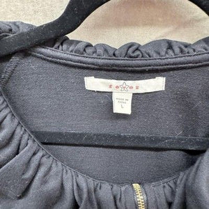 Ruffle Collar Zip Jacket Womens Large Black 3/4 Sleeve Cotton Blend Knit Pockets 2