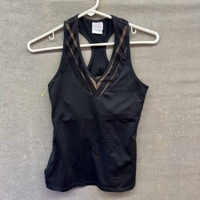 Vickie Brown Tank Top Womens Small Black Mesh Racerback Athletic Made USA Yoga