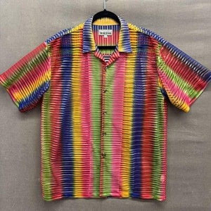 Maltos Shirt Mens Large Multicolor Striped Pleated Short Sleeve Button Up USA 2