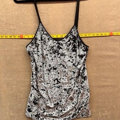 Topshop Cami Tank Top Womens 10 Gray Black Crushed Velvet V Neck Spaghetti Strap