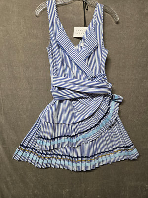 Tanya Taylor Blue White Stripe Pleated Tiered Mini Dress Bow Wrap V-Neck 4 NWT 1
