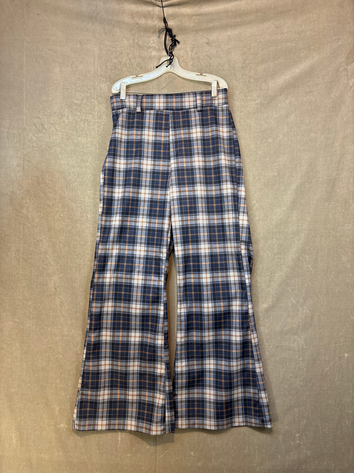 Wide-Leg Pants Women Plaid Navy Blue Tan White Size M Good Condition