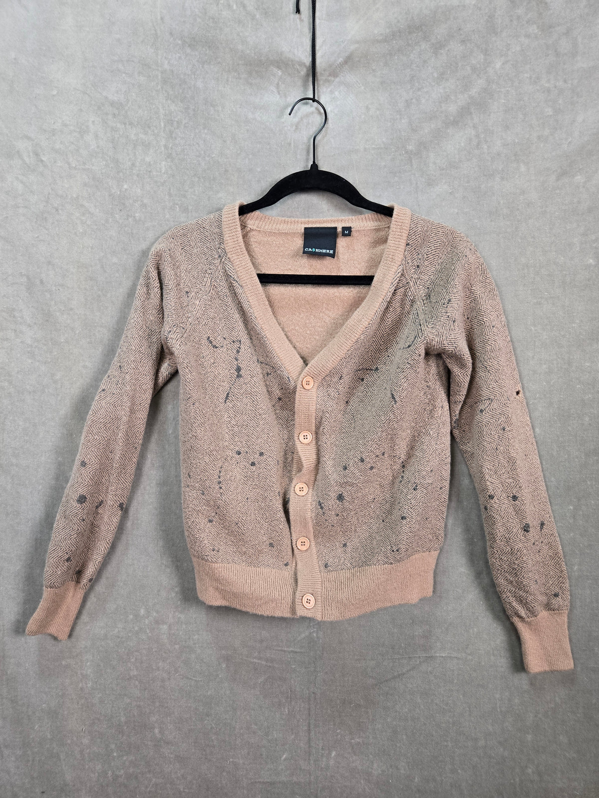 CASHMERE Women's Beige Herringbone Merino Wool V Neck Cardigan Size M