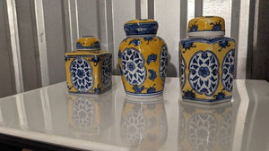 Vintage Asian Ceramic Lidded Vases Blue Yellow White with 2 Bonus Pre-Owned 4