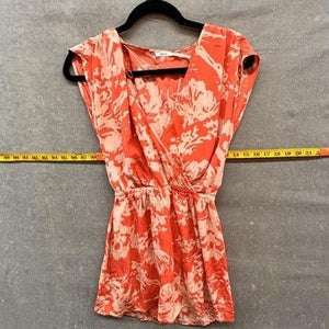 Wrap Blouse Womens Large Coral Peach Floral Elastic Waist Cap Sleeve Peplum Top 4