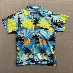 V.H.O Shirt Mens Medium Blue Yellow Hawaiian Floral Print Short Sleeve Summer 2