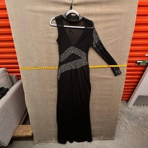Dress Womens Large Black Rhinestone One Sleeve Asymmetrical Mock Neck Mesh Gown 2