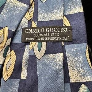 Enrico Guccini Tie Mens Blue Yellow Silk Geometric Leaf Print Paris Rome 4" Wide 5