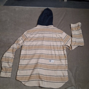 Old Navy Men's Beige Blue Striped Hooded Button Front Shirt Size L 5