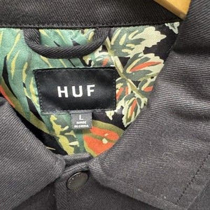 HUF Jacket Mens Large Black Floral Lined Button Up Coach Pre-Owned Good Conditio 2