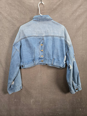 R AREGAL Women's Light Wash Distressed Cropped Denim Jacket Size L 3