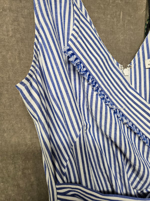Tanya Taylor Blue White Stripe Pleated Tiered Mini Dress Bow Wrap V-Neck 4 NWT 5
