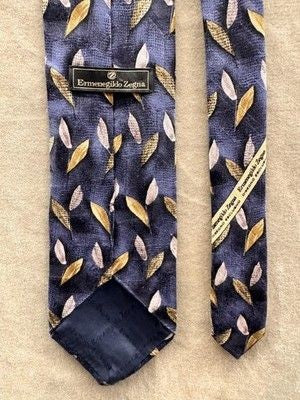 Ermenegildo Zegna Tie Mens One Size Blue Gold Leaf Pattern Dress Necktie 1