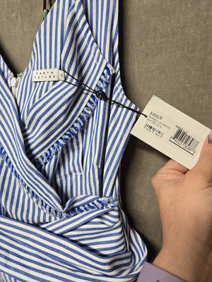Tanya Taylor Blue White Stripe Pleated Tiered Mini Dress Bow Wrap V-Neck 4 NWT 4
