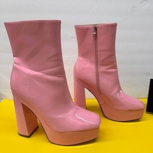 Pink Patent Leather Platform Boots Square Toe Block Heel Mid Calf Side Zip Shoes 3