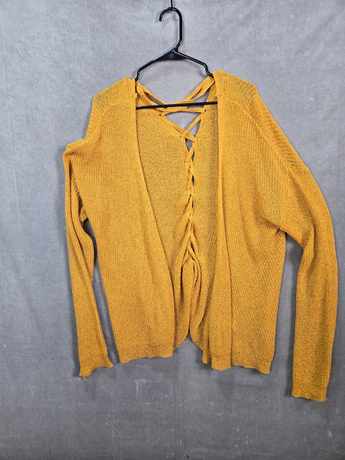 Women's Mustard Yellow Lace Up Back Open Knit Cardigan Sweater Size L